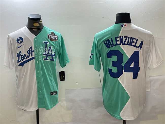 Mens Los Angeles Dodgers #34 Toro Valenzuela White Green Split 2024 World Series All-Star Cool Base Stitched Baseball Jersey